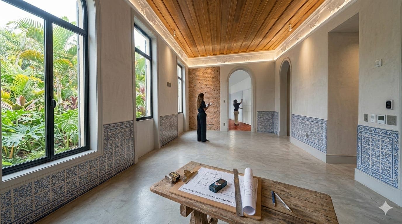 Skyline de São Paulo com sobreposição de linhas técnicas arquitetônicas