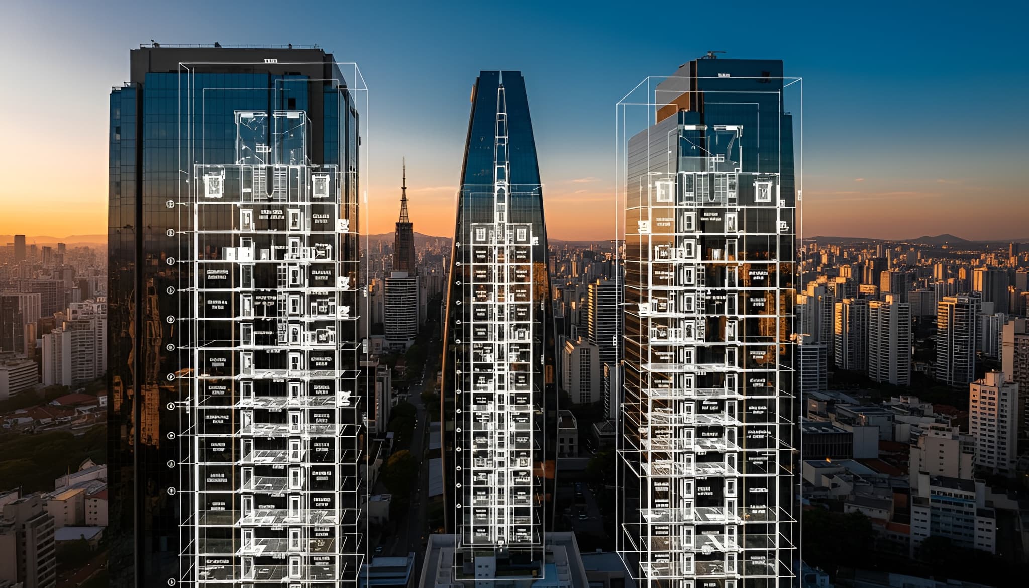 Skyline de São Paulo com sobreposição de linhas técnicas arquitetônicas